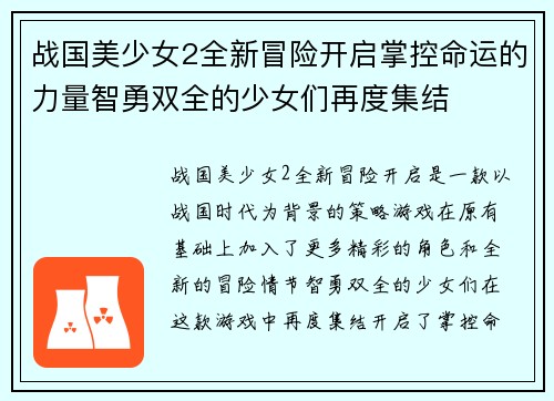战国美少女2全新冒险开启掌控命运的力量智勇双全的少女们再度集结