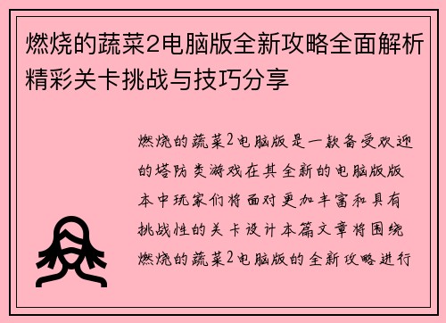 燃烧的蔬菜2电脑版全新攻略全面解析精彩关卡挑战与技巧分享